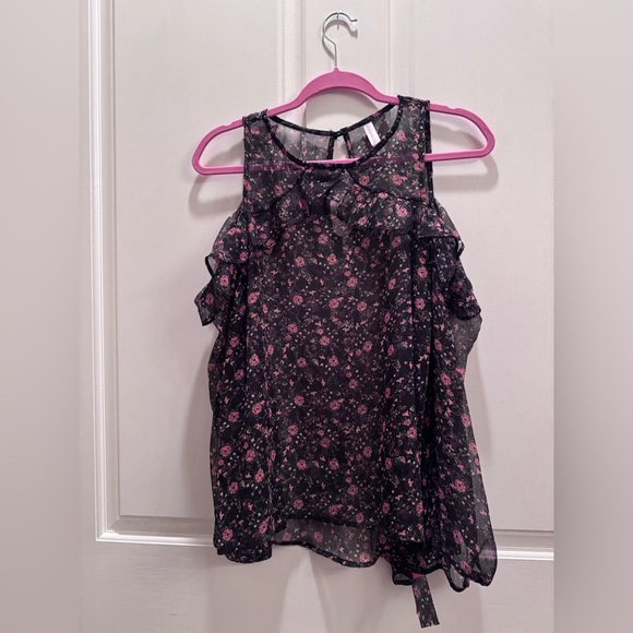 Concrete Garden Collection at Target Tops - Black Sheer Floral Ruffle Camisole with Pink Flowers